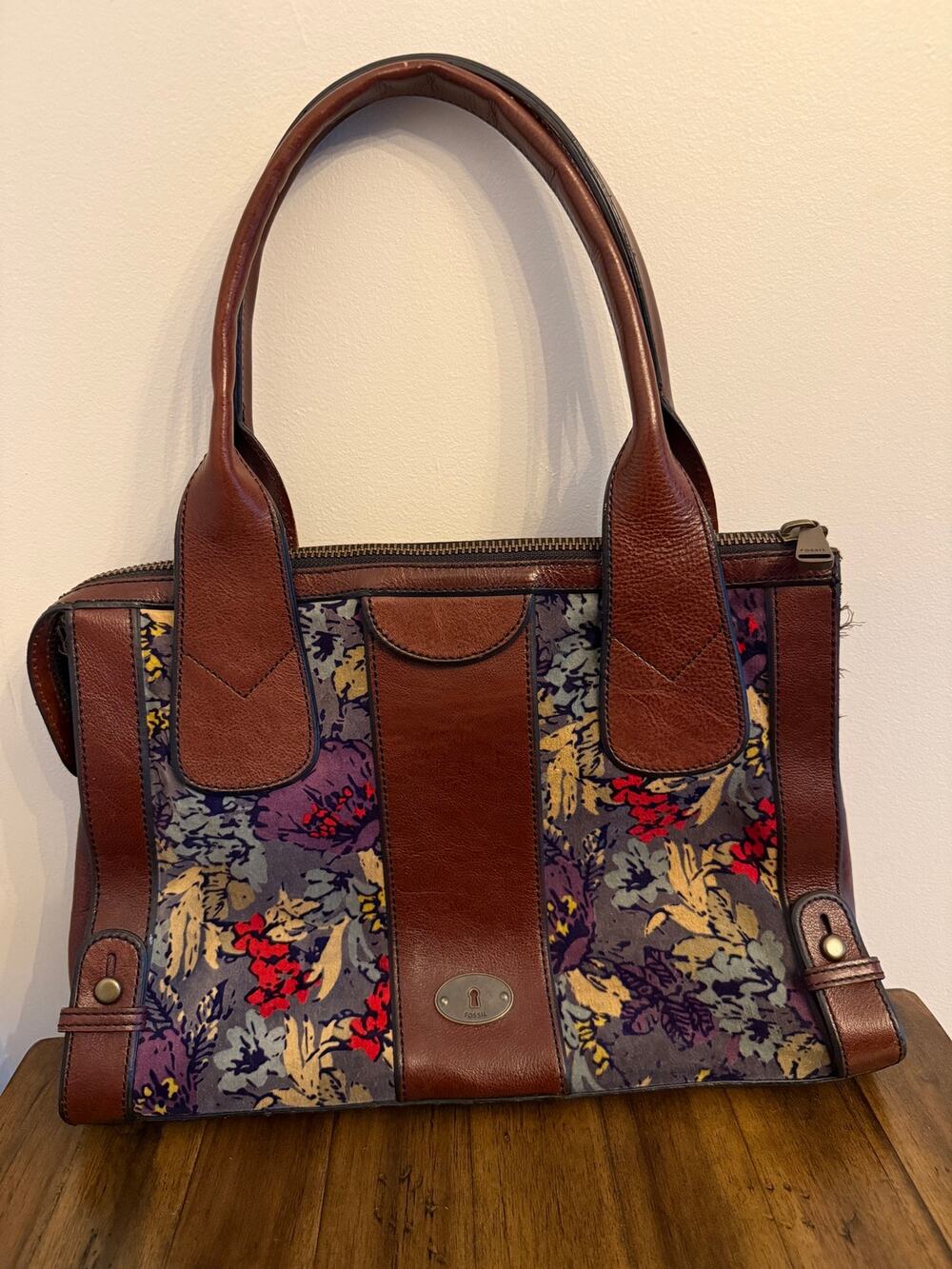 FOSSIL Vintage Reissue Leather Tapestry Velvet Floral Tote Purse - Picture 1 of 13